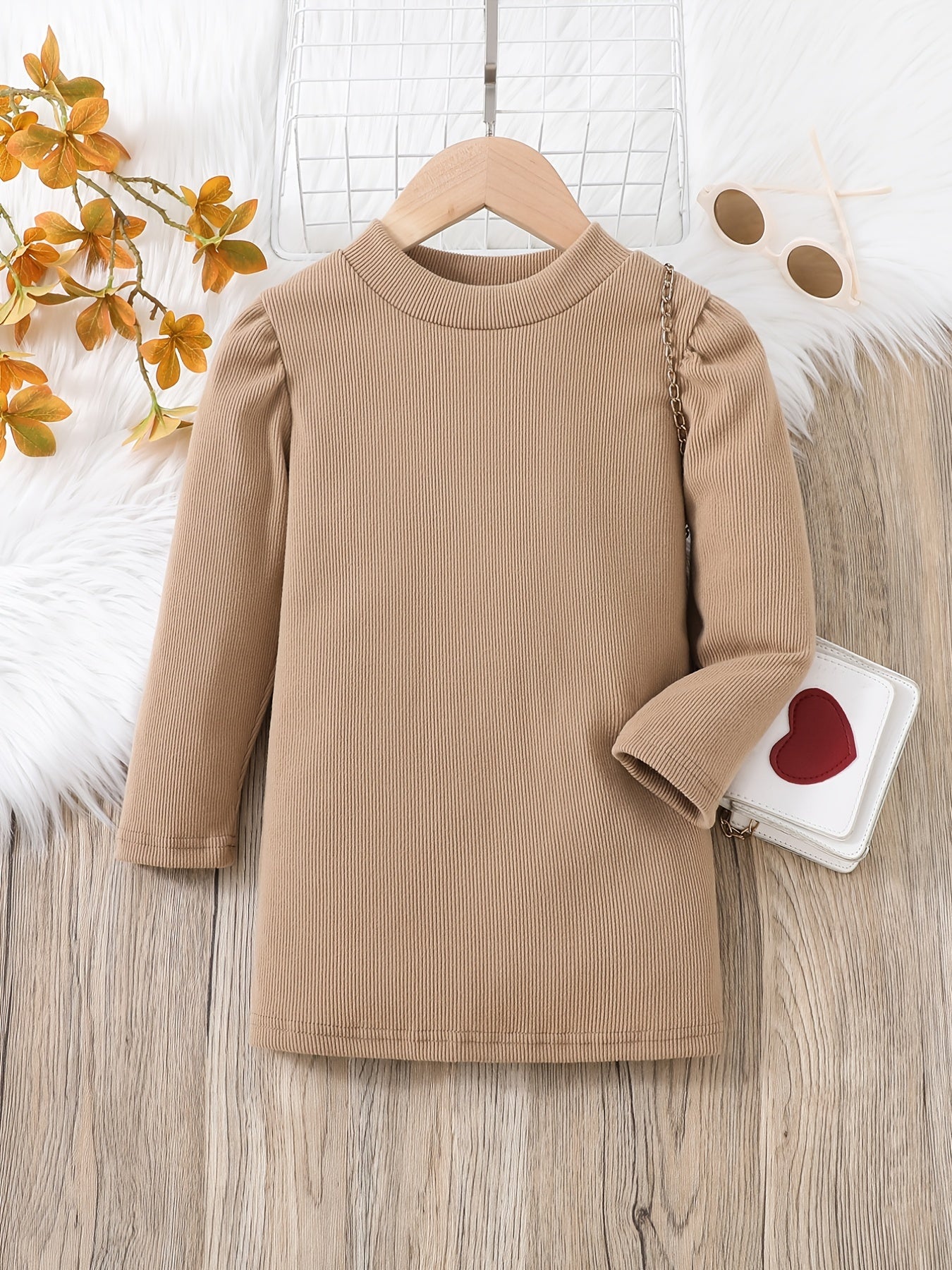 Girls Long Sleeve Stretch Khaki Dress
