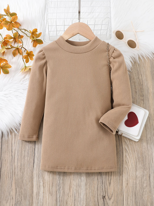 Girls Long Sleeve Stretch Khaki Dress