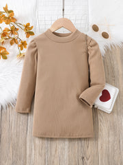 Girls Long Sleeve Stretch Khaki Dress