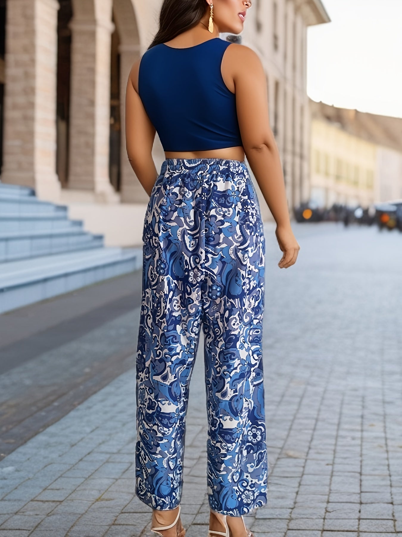  Boho Pants Women's Plus Allover Print Elastic Drawstring High Rise