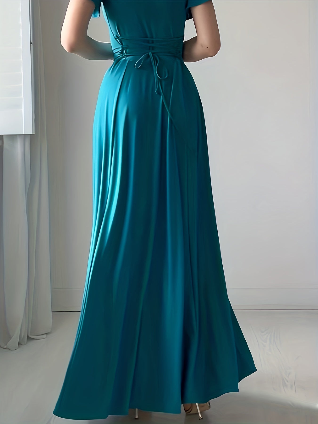  Solid Ruffle Sleeve V Neck Maxi Party Dress