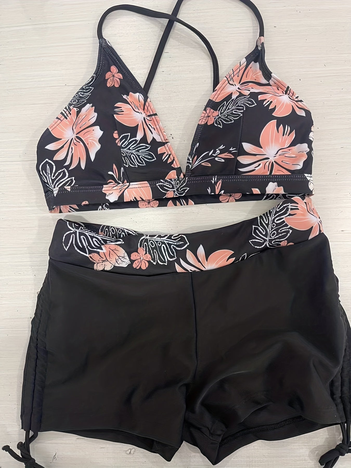 Floral Print Drawstring 2 Piece Bikini Swimsuit