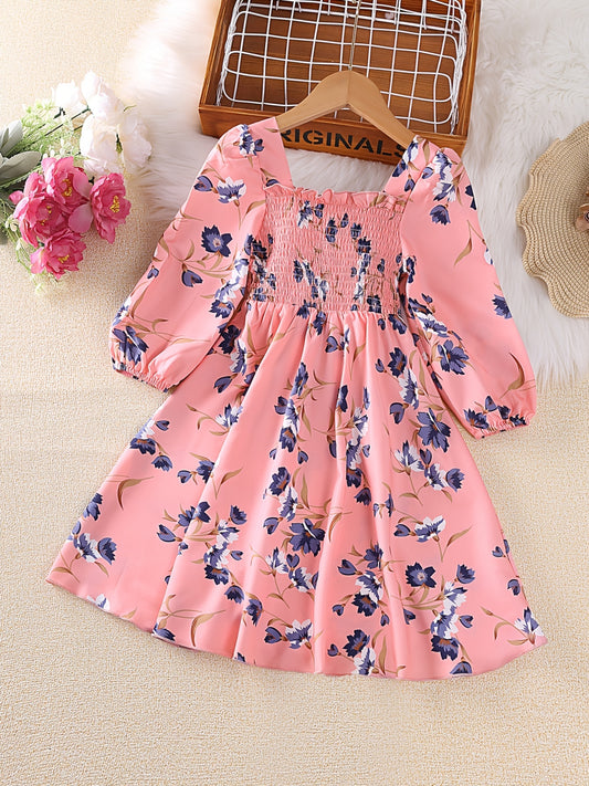 Boho Floral Long Sleeve Dress For Girls With Shirred Waist