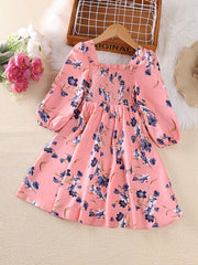 Boho Floral Long Sleeve Dress For Girls With Shirred Waist