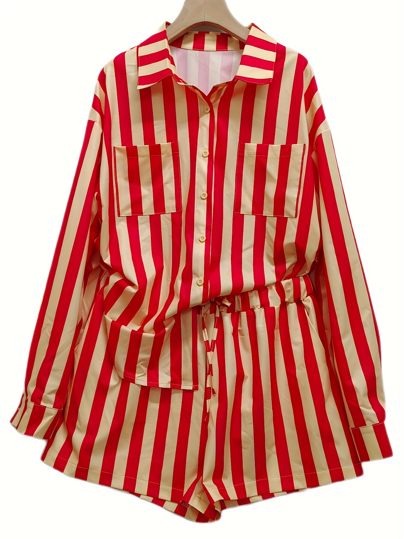  Stripe Print Button Up Blouse & Shorts Outfits 2 Piece Set
