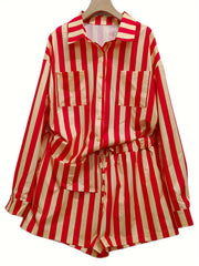  Stripe Print Button Up Blouse & Shorts Outfits 2 Piece Set