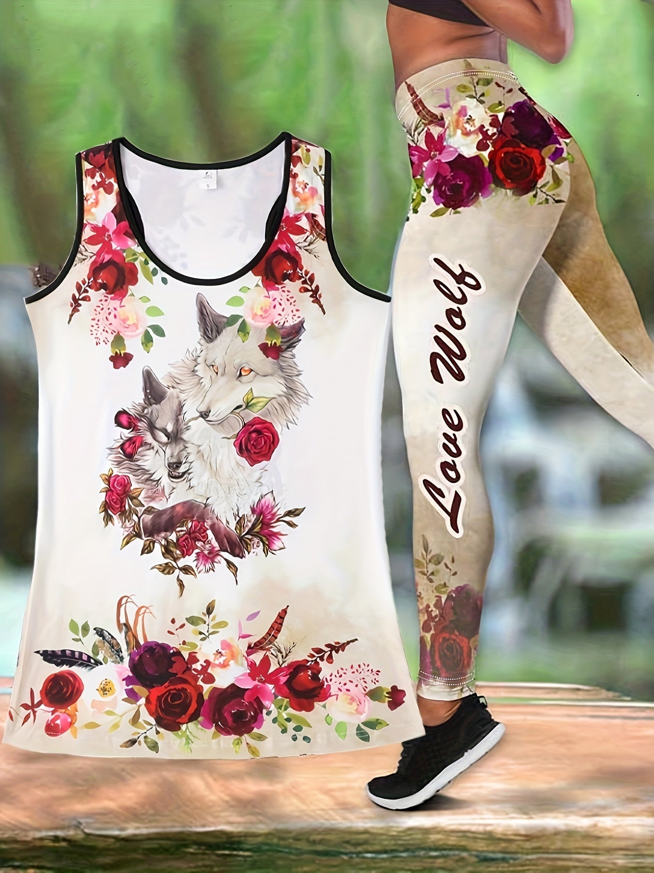Wolf & Flower Print Two piece Set Casual Sleeveless Tank Top & Skinny Leggings