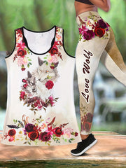 Wolf & Flower Print Two piece Set Casual Sleeveless Tank Top & Skinny Leggings