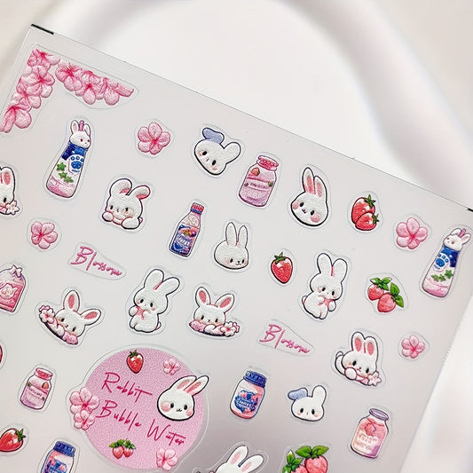 5D Embossed Rabbit Peach Nail Sticker Sakura Rabbit Bubble Water Nail Art