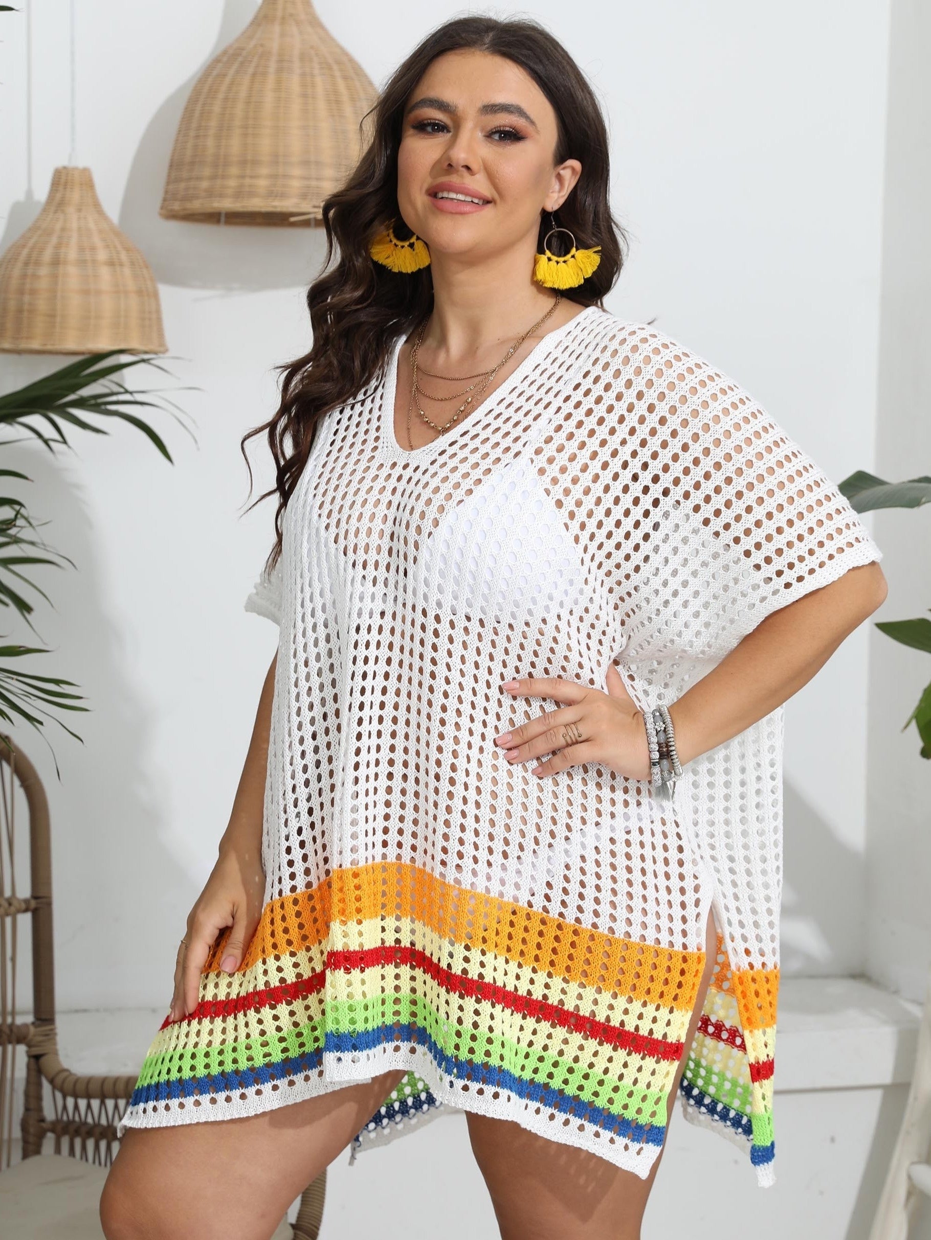  Rainbow Striped Batwing Sleeve V Neck Cover Up