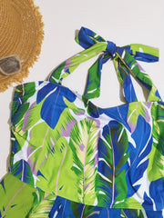  Tropical Print Cross Neck Backless One Piece Swimsuit