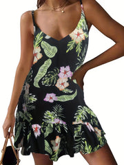  Tropical Print Ruffle Mini Cami Dress