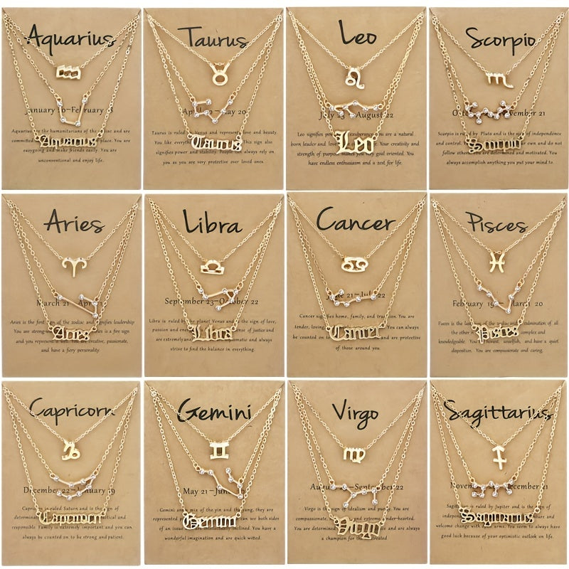 Golden 12 Zodiac Symbols Star Map Pendant Necklace Set