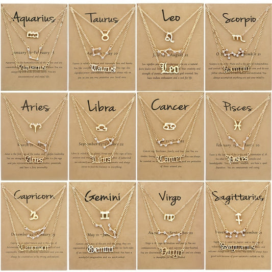 Golden 12 Zodiac Symbols Star Map Pendant Necklace Set