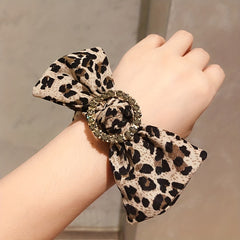 Rhinestone Ring Decor Leopard Bow Scrunchies Hair Ties