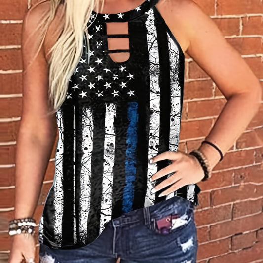  Stripe & Star Print Cut Out Round Neck Tank Top