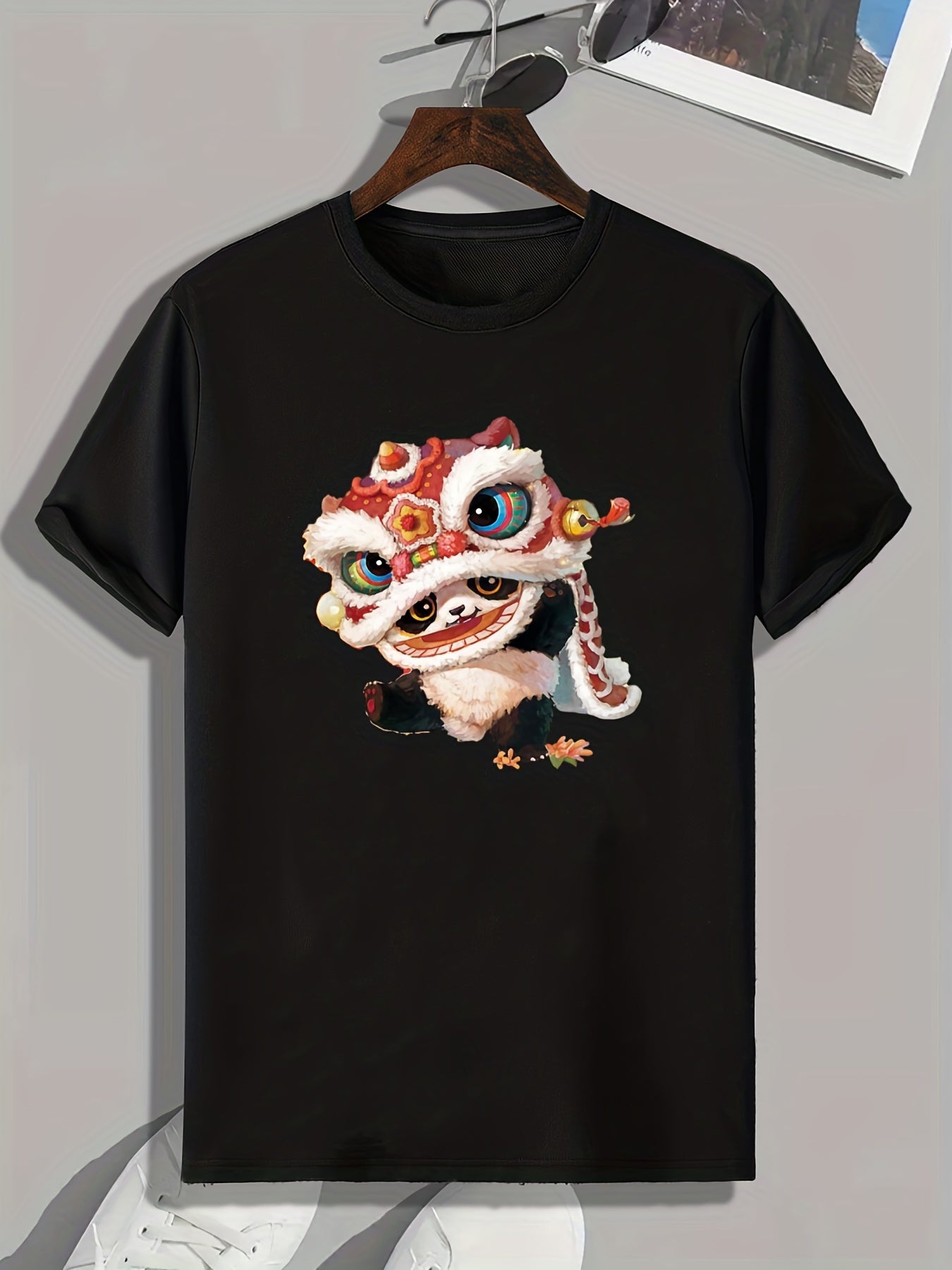 Panda & Lion Dance Print Men's Comfy T-shirt - Outdoor Summer Tee