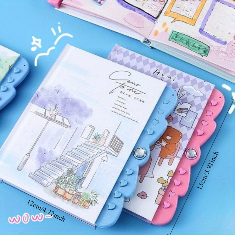 Lockable Password Notebook for Students with Cartoon & Pink Accents