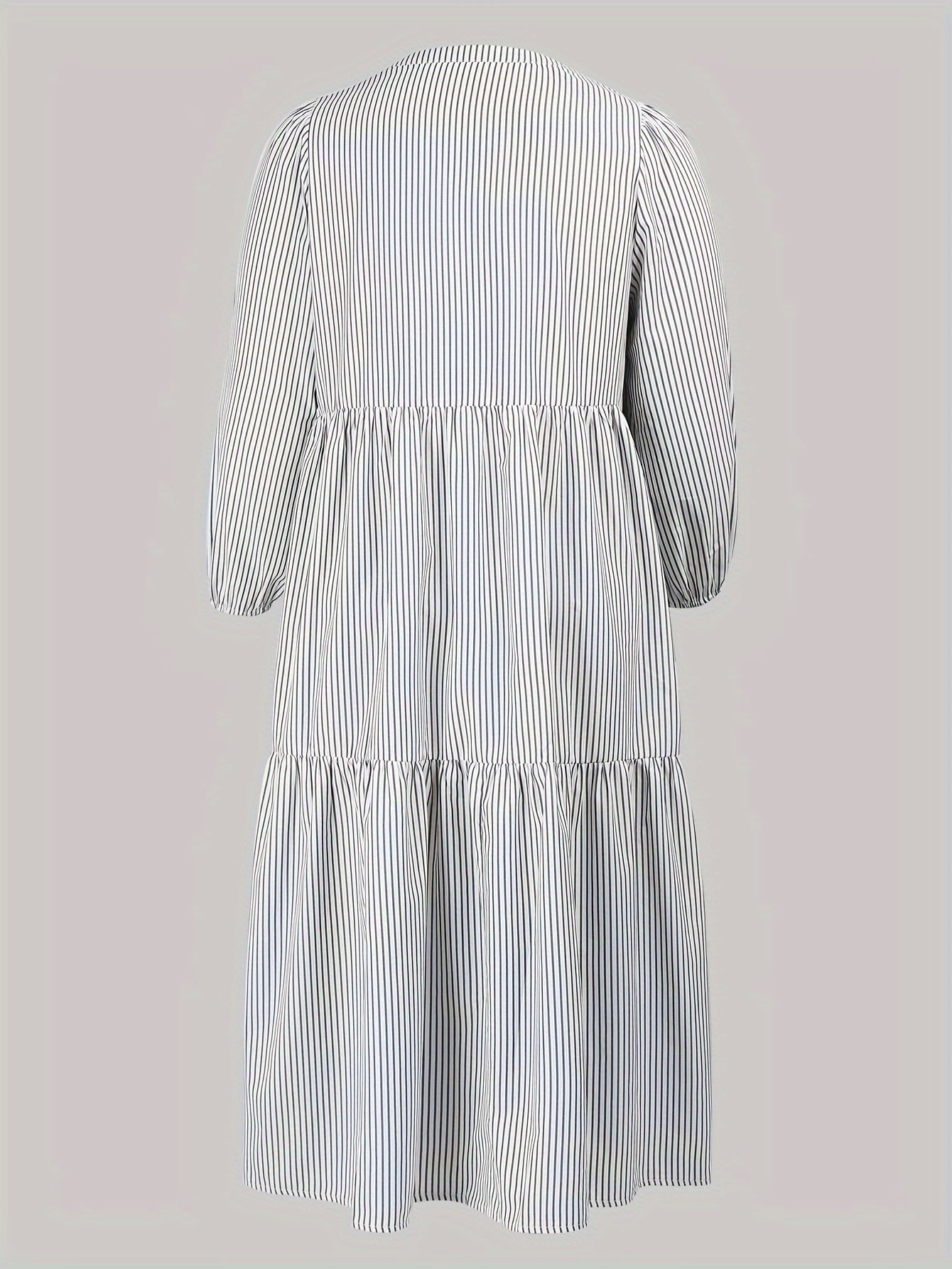  Stripe Print Lantern Sleeve Notched Neck Smock Maxi Dress