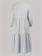  Stripe Print Lantern Sleeve Notched Neck Smock Maxi Dress