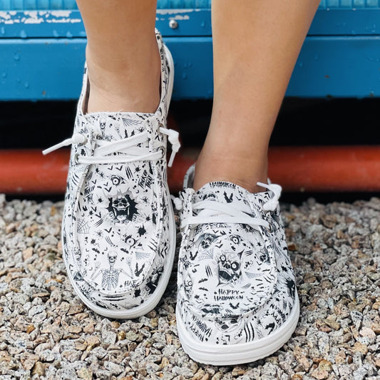 Skull Pattern Flat Shoes Slip On Canvas Casual Hallow