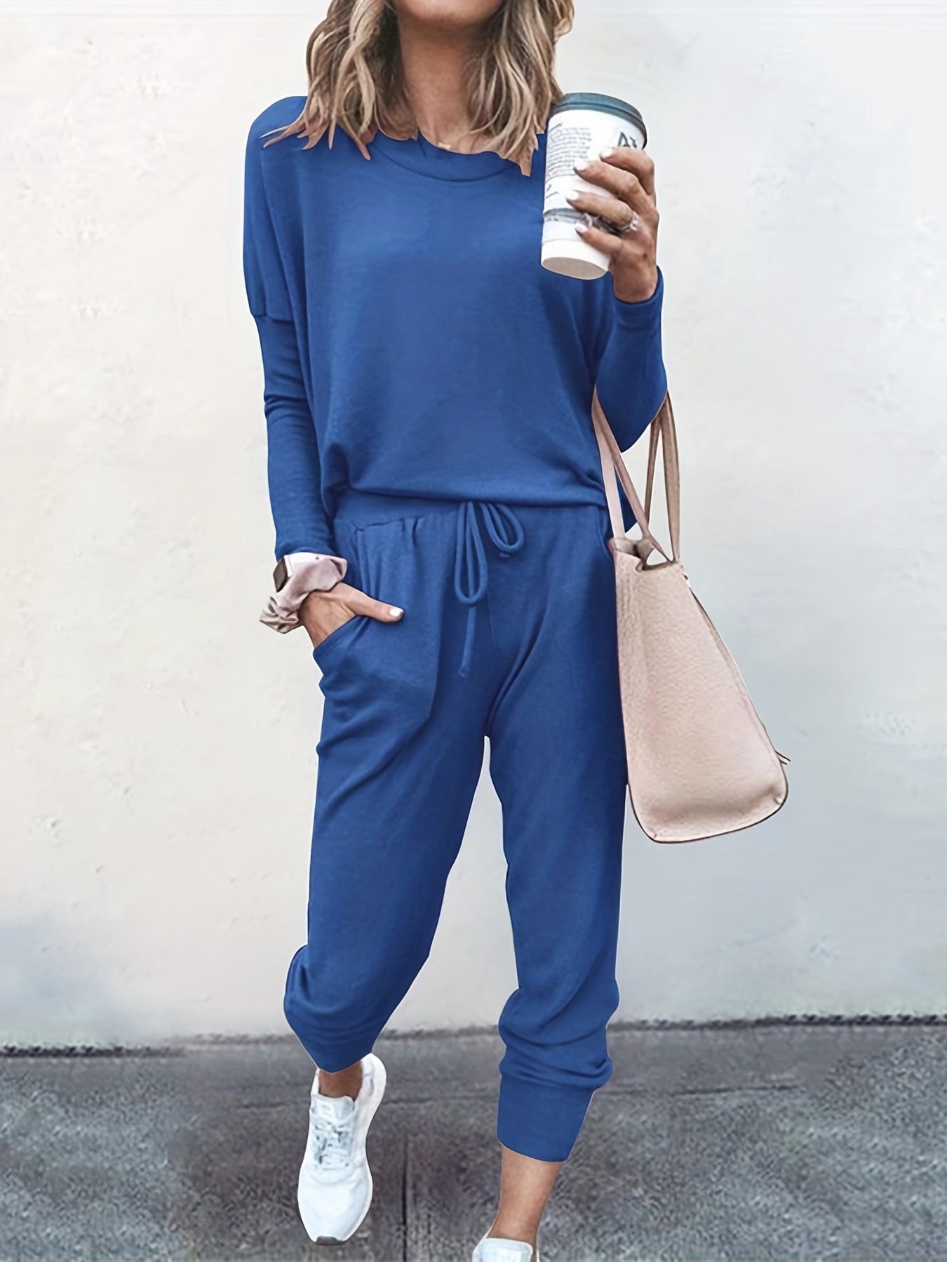 Casual Two-piece Set Long Sleeve T-shirt & Drawstring Pants Outfit
