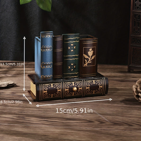 Vintage Book Shape Wooden Storage Box with Pen Holder