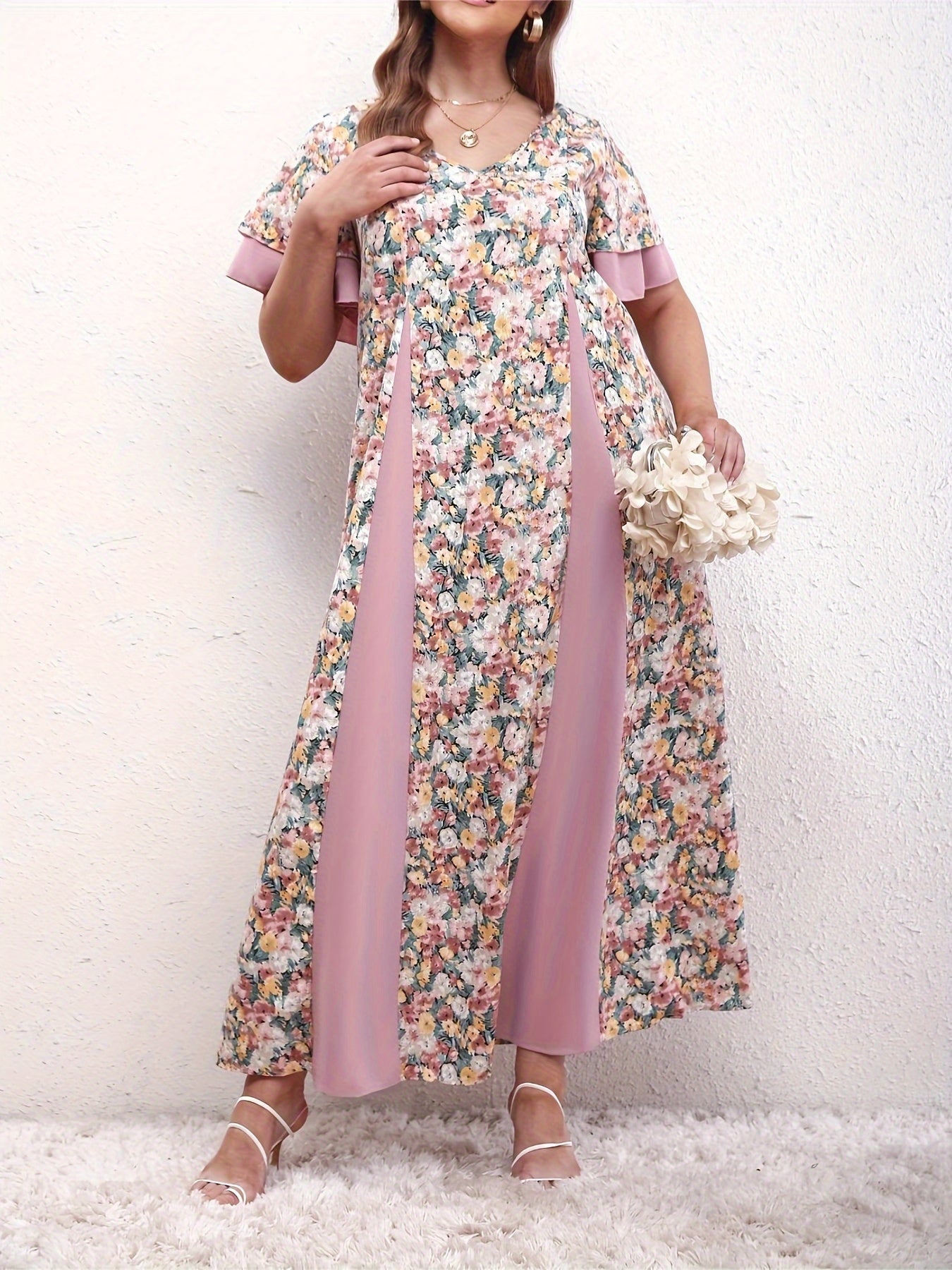  Colorblock Floral Print Ruffle Sleeve Dress
