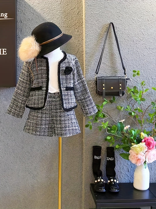 Girl's Tweed Jacket & Shorts Set Floral Decor Spring Autumn