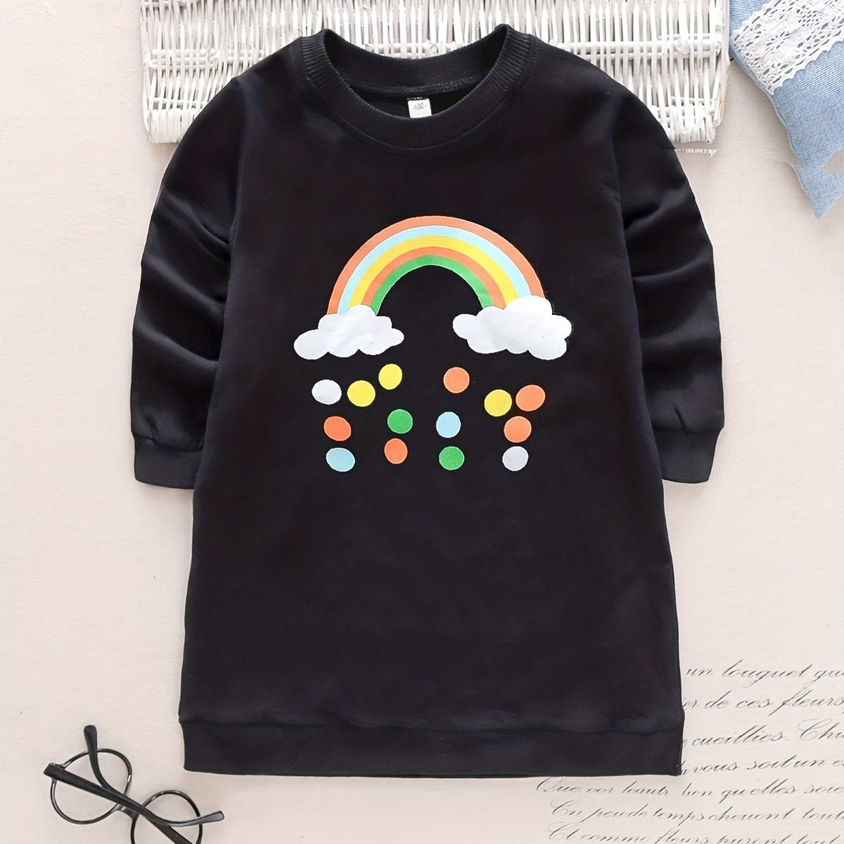 Rainbow Graphic Longline Sweatshirt Dress Girls Crew Neck Comfort Fit