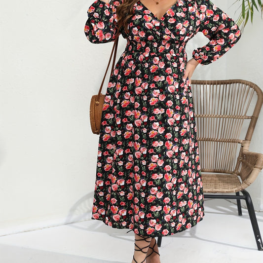  Rose Print Long Sleeve Maxi Dress