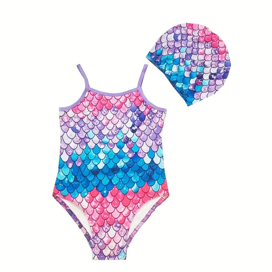 Mermaid Fish Scale Print 2pcs Onesie Swimsuit & Cap