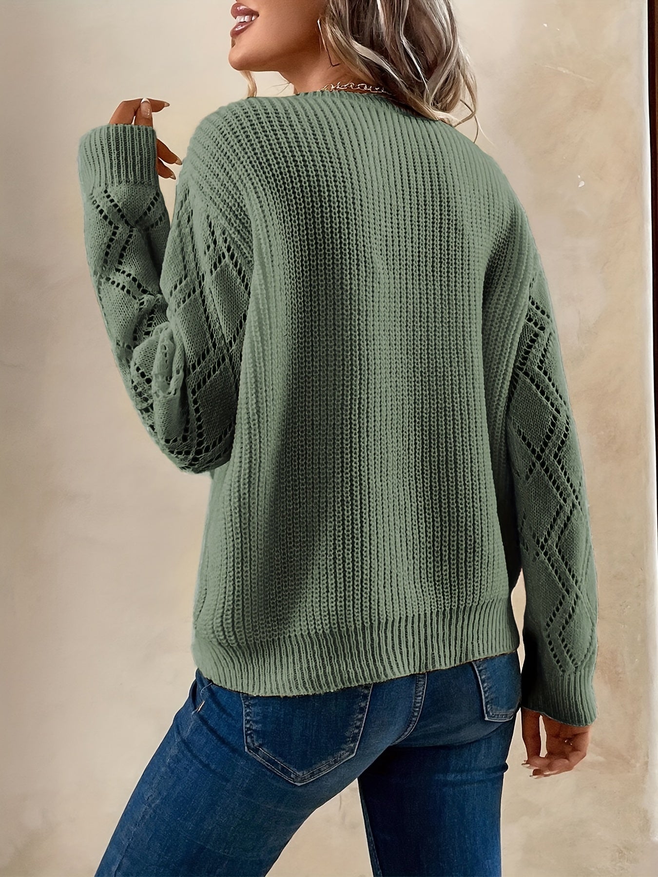 V Neck Guipure Lace Knit Sweater Long Sleeve Casual Top