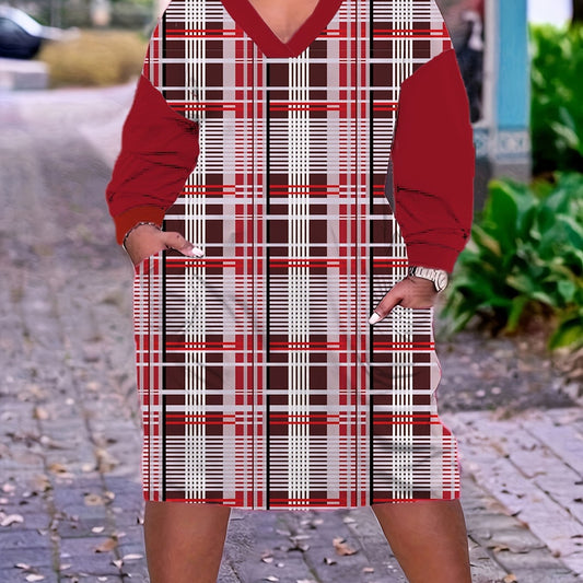  Colorblock Plaid Long Sleeve V Neck Dress With Pockets