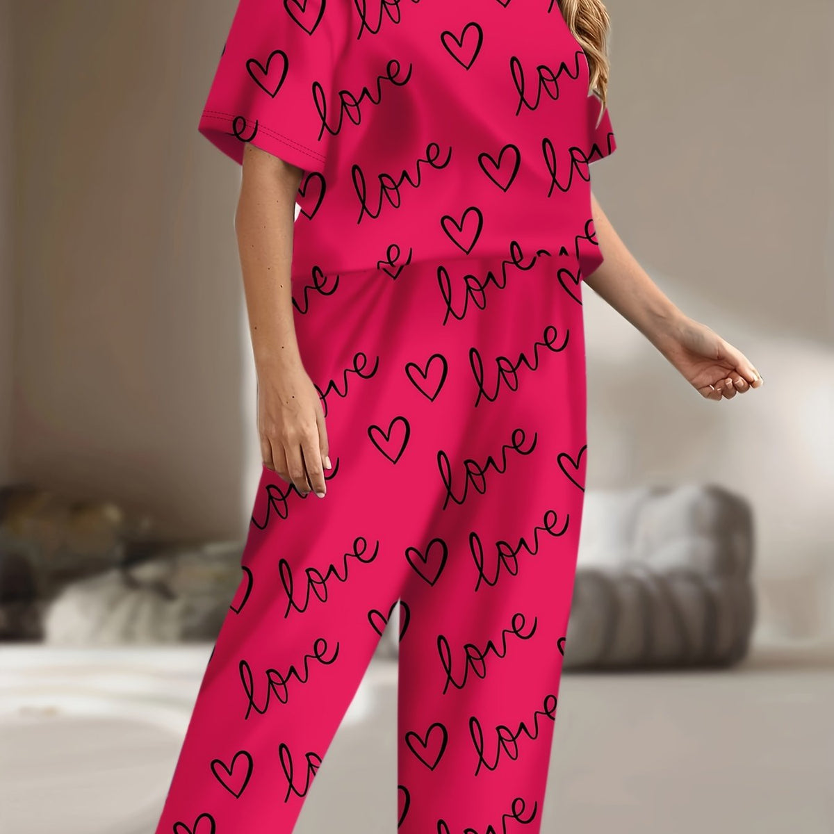  Casual Pajamas Set Women's Plus Heart & Letter Print Tee & Pants