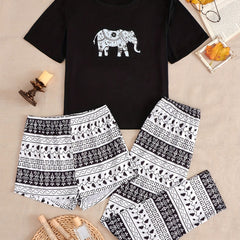 Elephant Print Pajamas Set Short Sleeve Crew Neck Top & Shorts & Pants