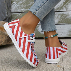 Women's Flag Pattern Canvas Loafers Lace Up Slip On Low Top Flat Shoes