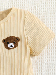 Striped Bear Print Short Sleeve Tee & Shorts Boy's Set