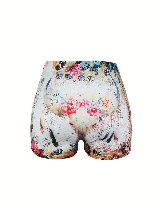 Flower & Cow Skull Print Skinny Shorts Elastic Waist Summer Clothing