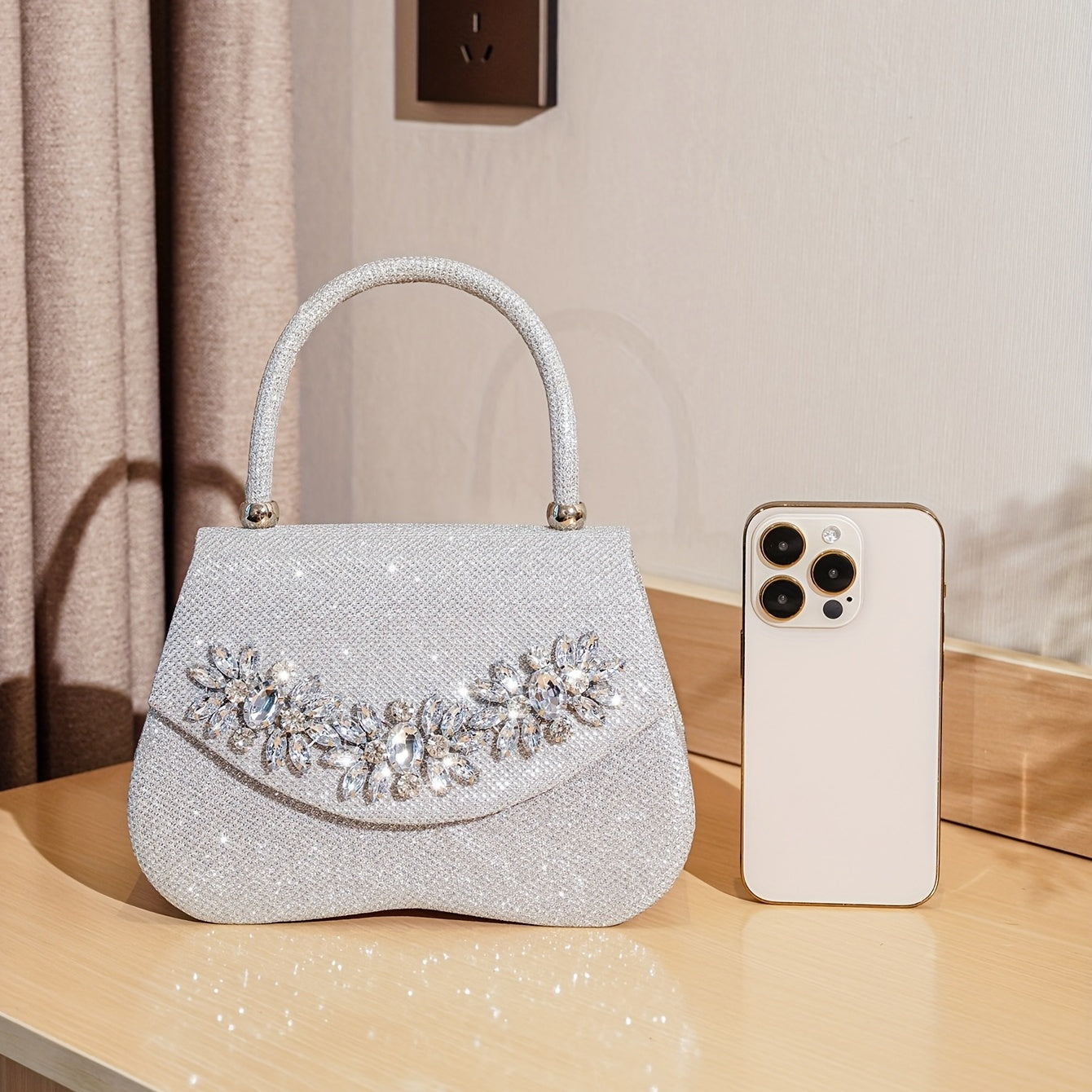 Glitter Flower Rhinestone Evening Satchel Bag for Party
