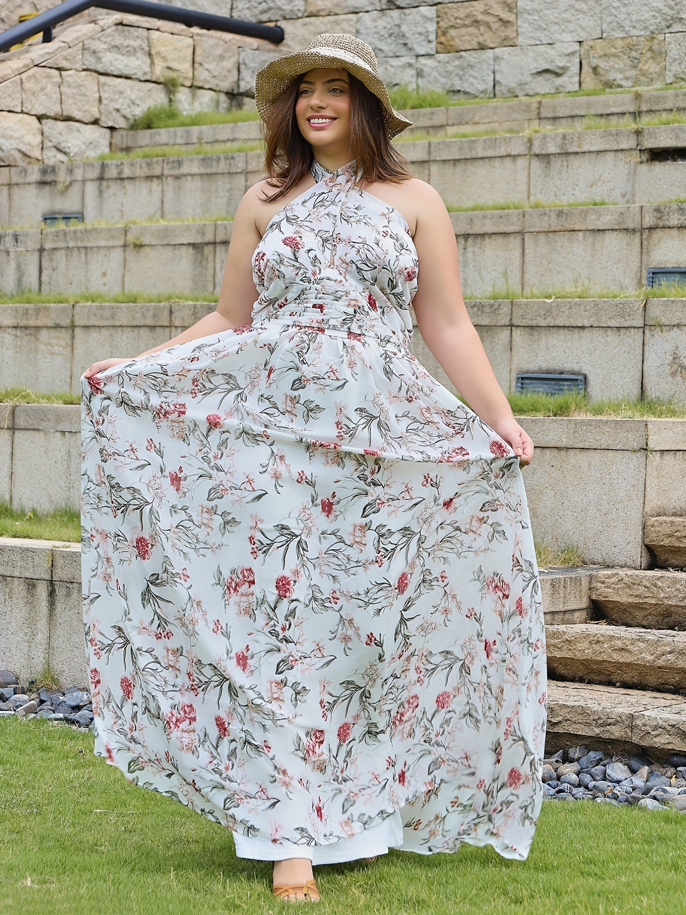  Floral Print Halter Neck Maxi Party Dress