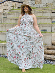  Floral Print Halter Neck Maxi Party Dress