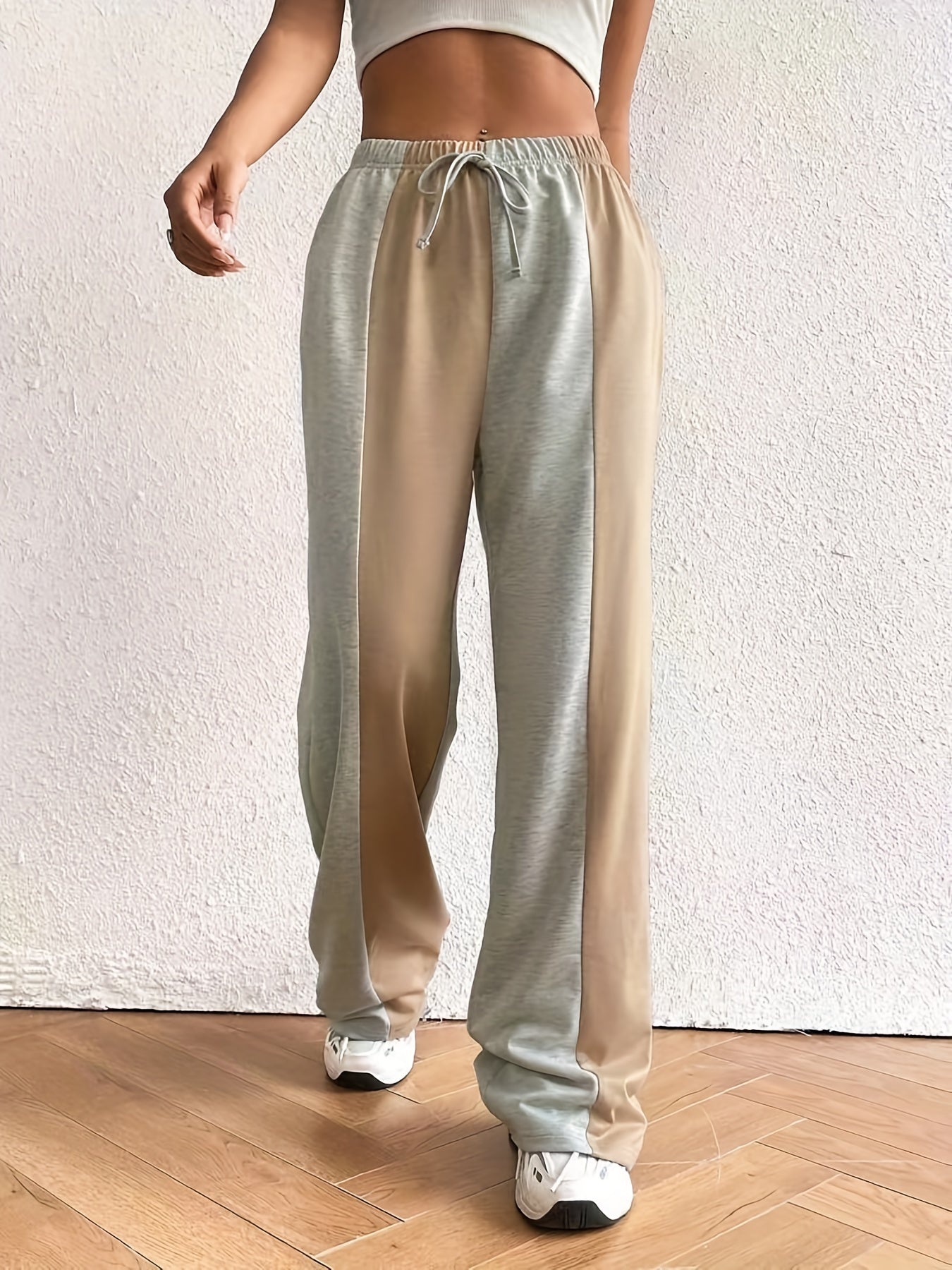  Colorblock Wide Leg Tie Front Pants
