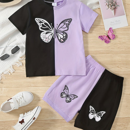 Girls Butterfly Graphic T Shirts & Shorts Set Kids Summer Clothes