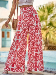 Boho Wide Leg Pants Allover Print Elastic High Rise Trousers