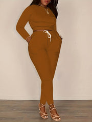 Solid Casual Two piece Set Crew Neck Long Sleeve Tops & Drawstring Elastic Waist