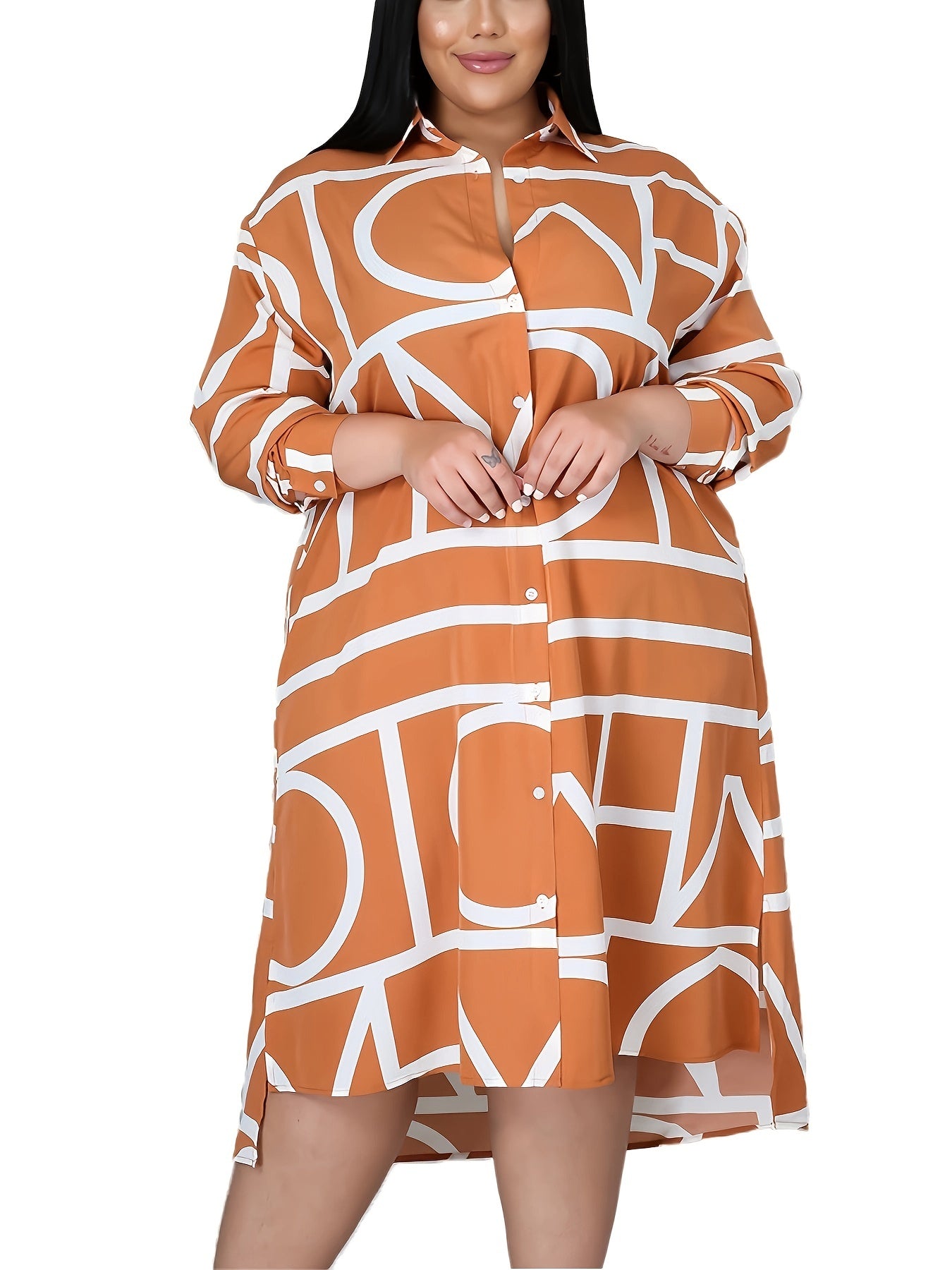  Geometric Print Button Up Shirt Dress