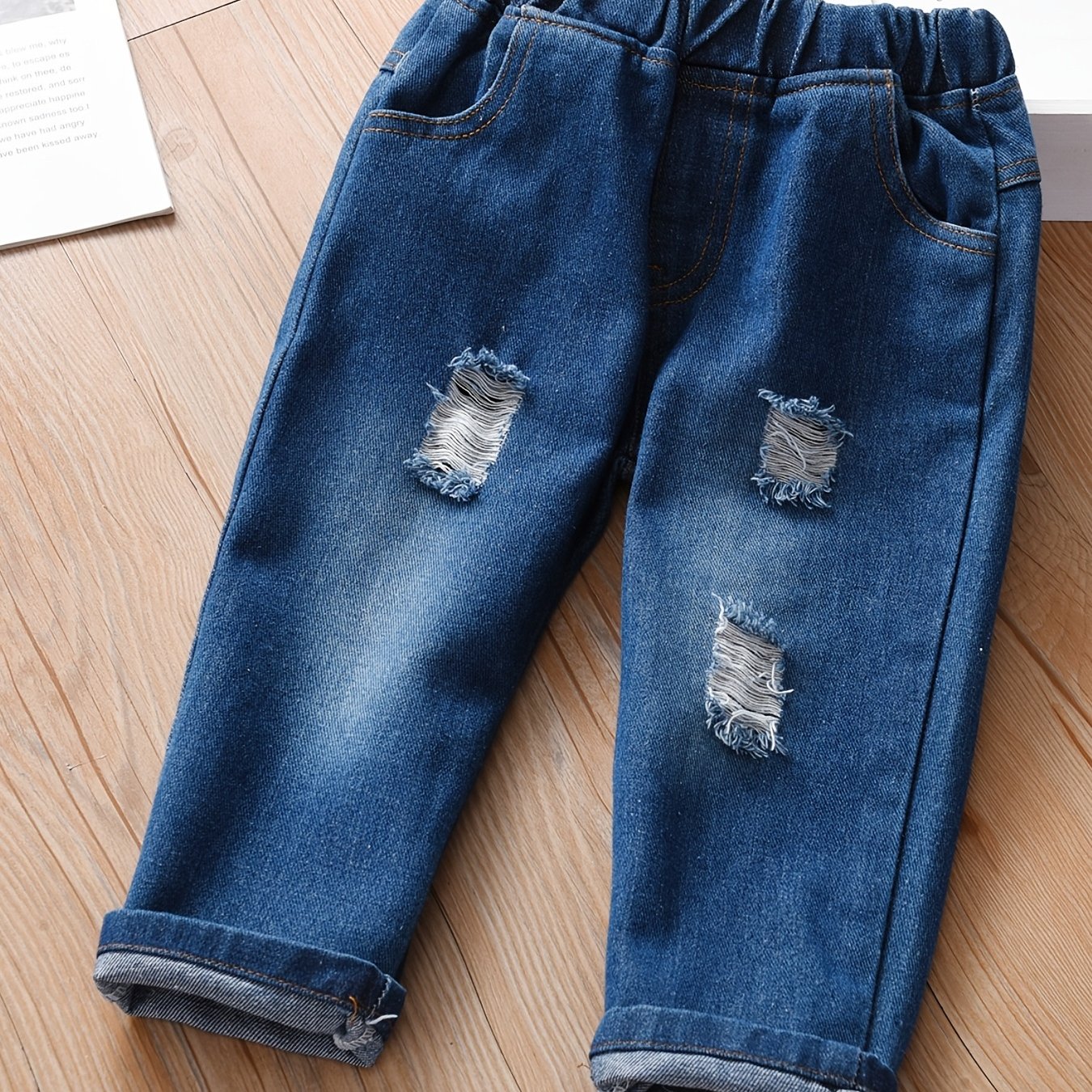 Toddler Girls Ripped Cropped Jeans Elastic Waist Denim Pants Capris