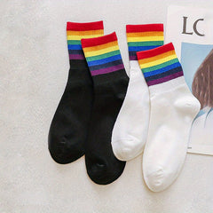 Rainbow Striped Trim Socks & Funny Crew Mid Tube Socks Women's Stockings