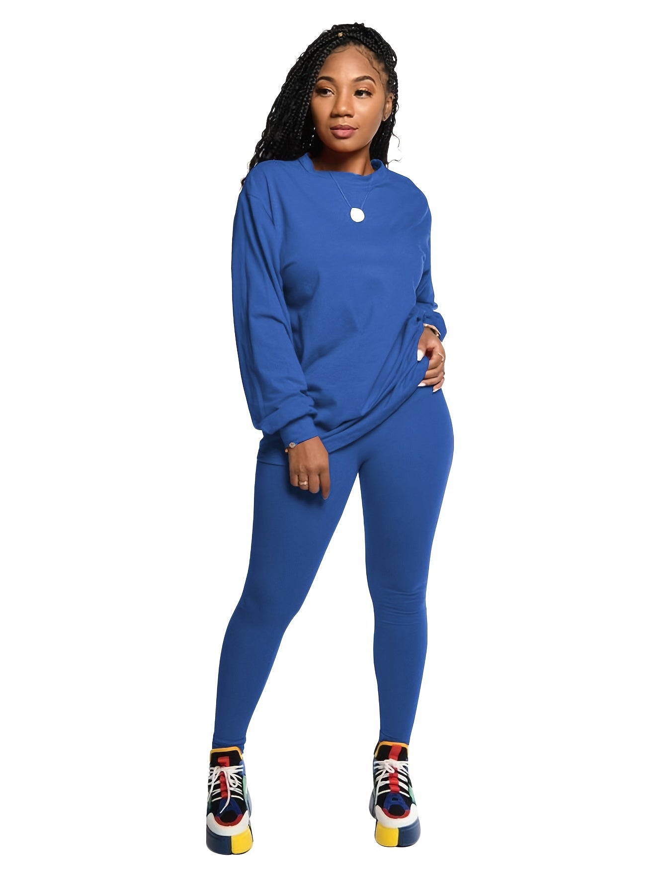 Solid Pullover Shirt & Pants Plus Size Set